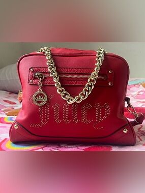 Juicy Couture Red Crossbody Bag with Gold Chain Top Handles and Studded Logo